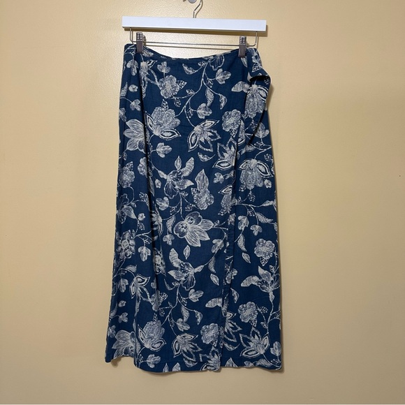 Ann Taylor Wrap Tie Floral Linen MIDI Skirt Women 4 Petite Blue - Picture 1 of 6